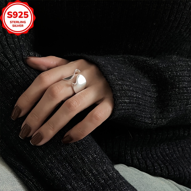 925 Silver Geometric Cuff Ring Wide Band Split Light for Women
